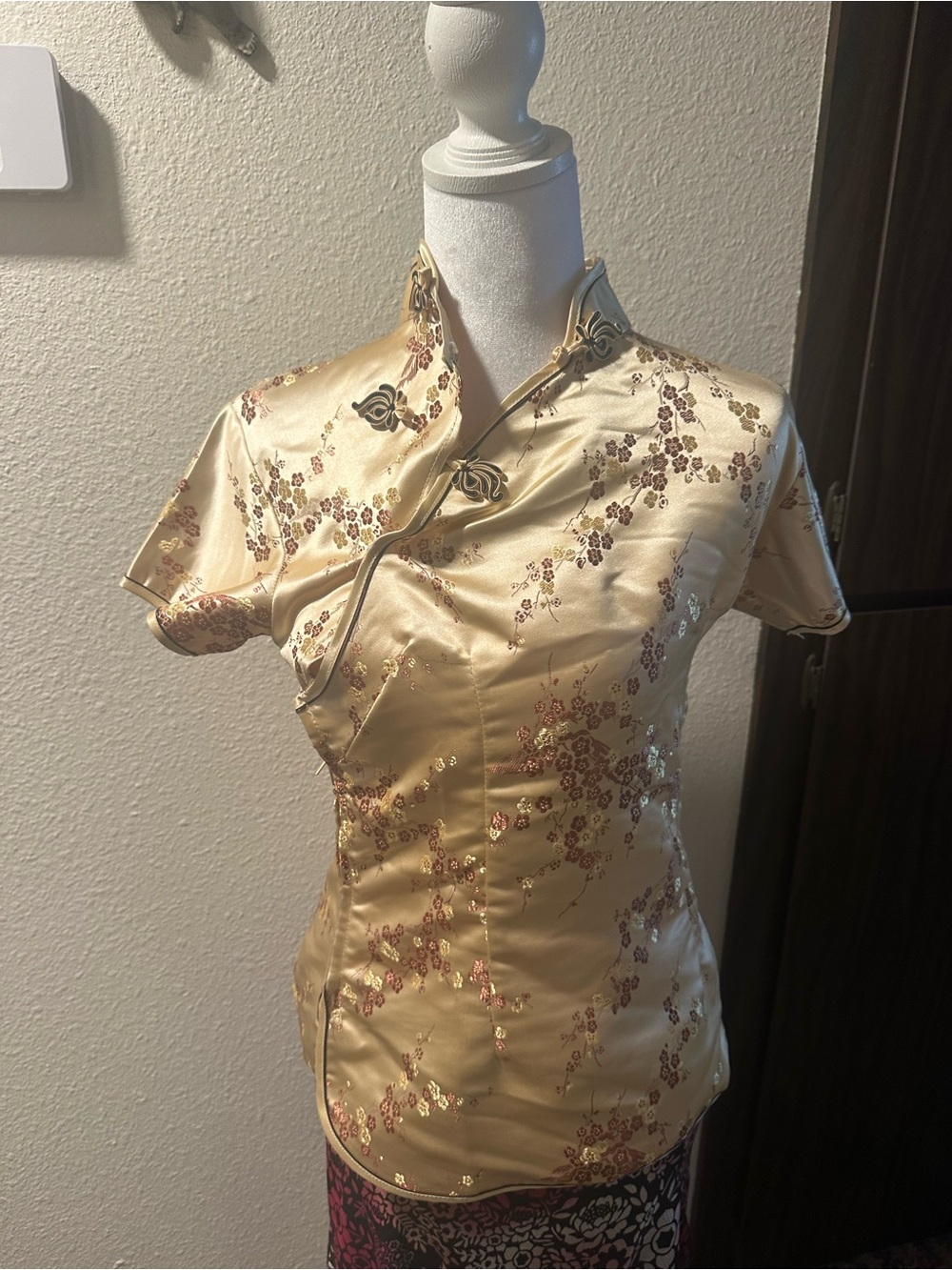 Gold Satin Floral Mandarin-Collar Blouse
